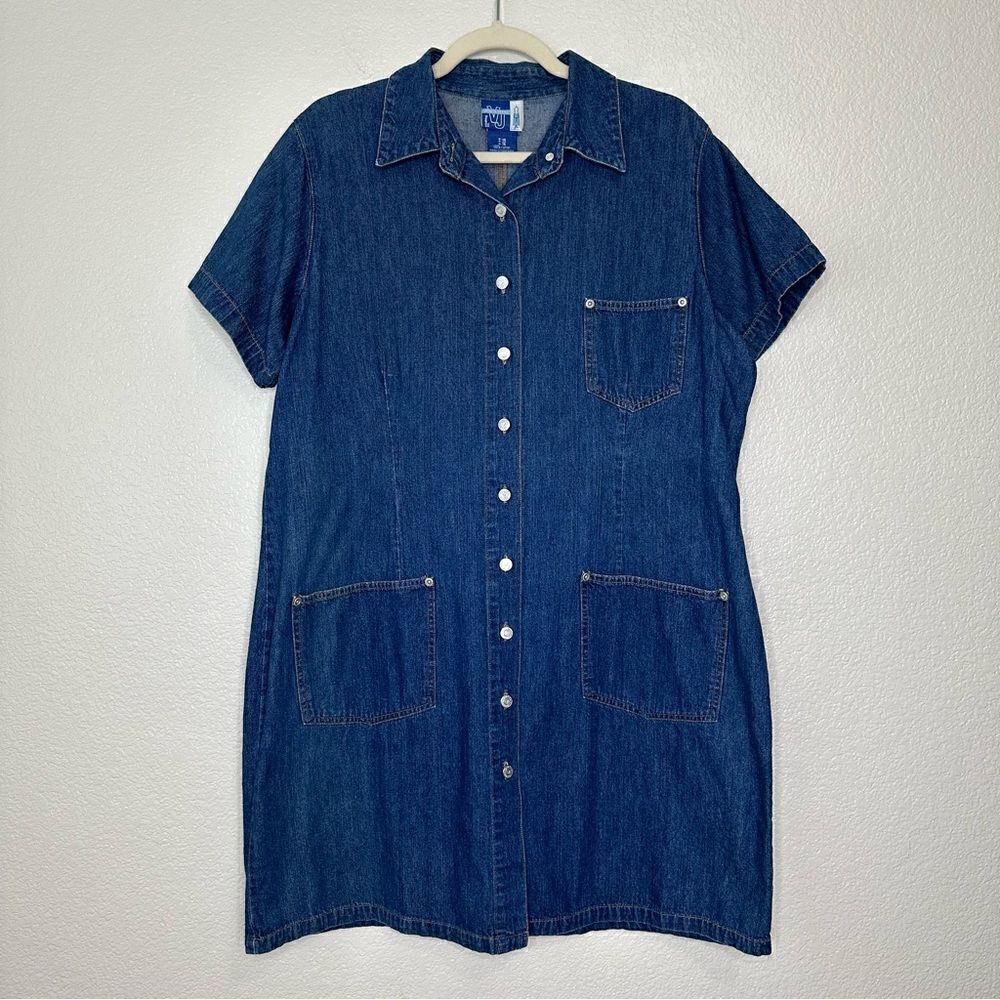 Venezia Denim Short Sleeves Button Front Dress, Size 14